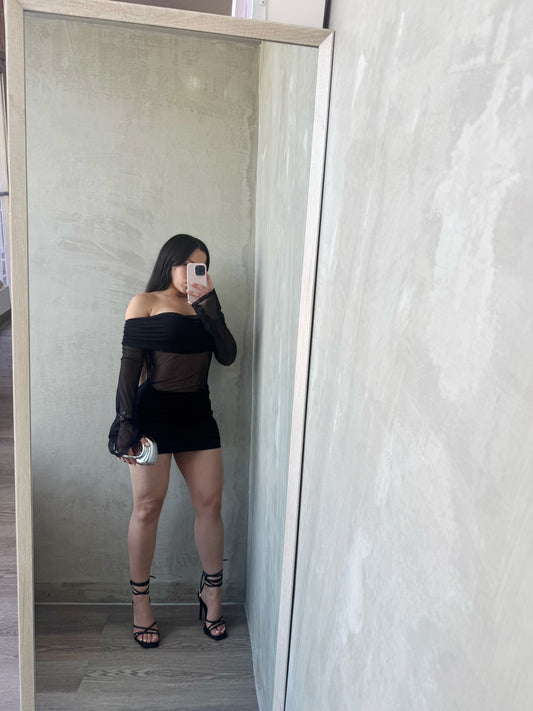 Black Glitter Off Shoulder Mesh Dress