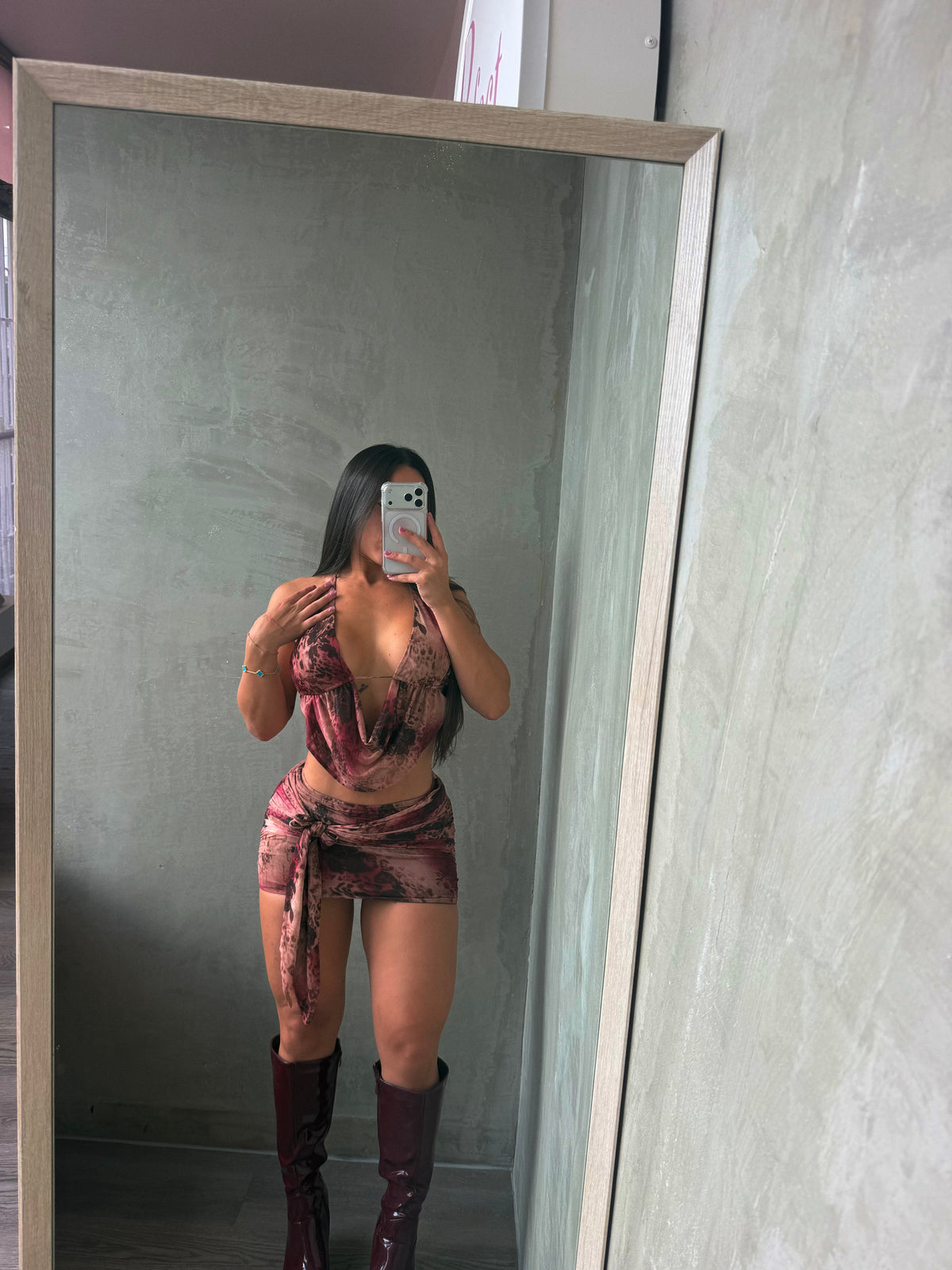 Burgundy Print Halter Top & Skirt Set