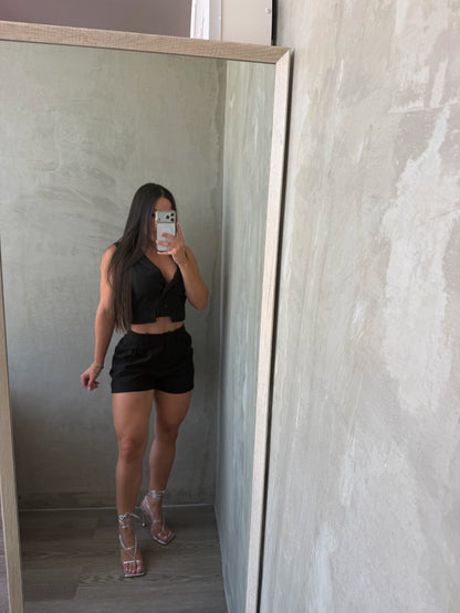 Black Crop Top Vest & Shorts Set