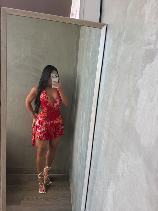 Red Print Halter Mesh Dress
