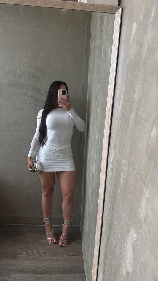 Off White Long Sleeve Rushed Dress
