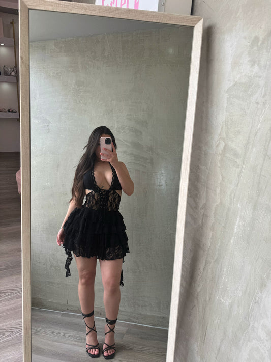 Black Lace up Ruffled Dress