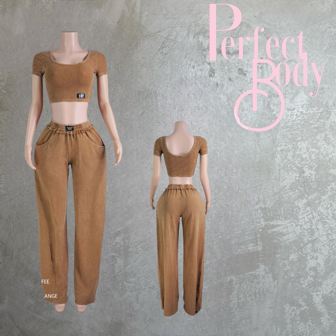 Coffee Mineral Wash Cargo & Crop Top Set