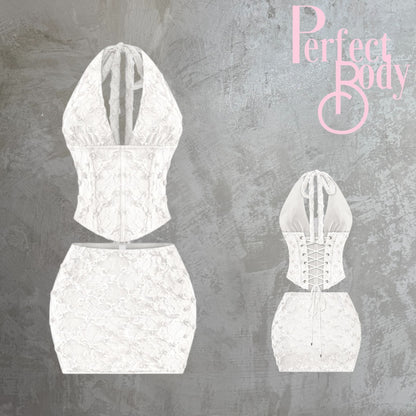 Off White Floral Lace Corset & Skirt Set