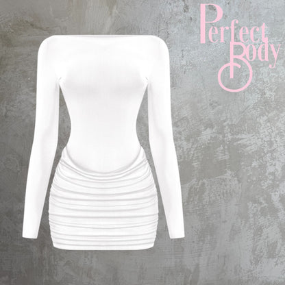 Off White Long Sleeve Rushed Dress