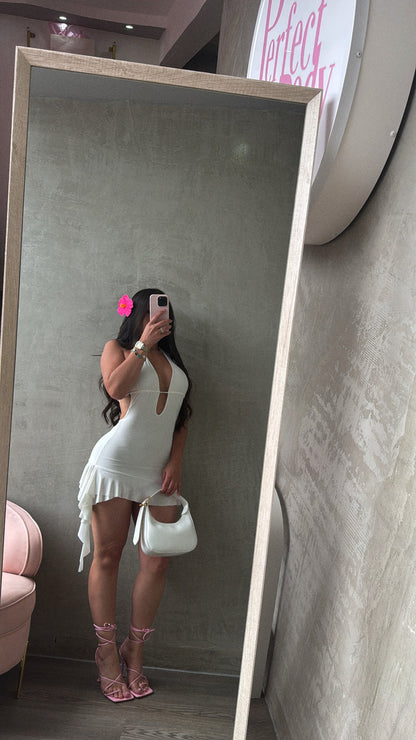 White Halter Ruffled Dress