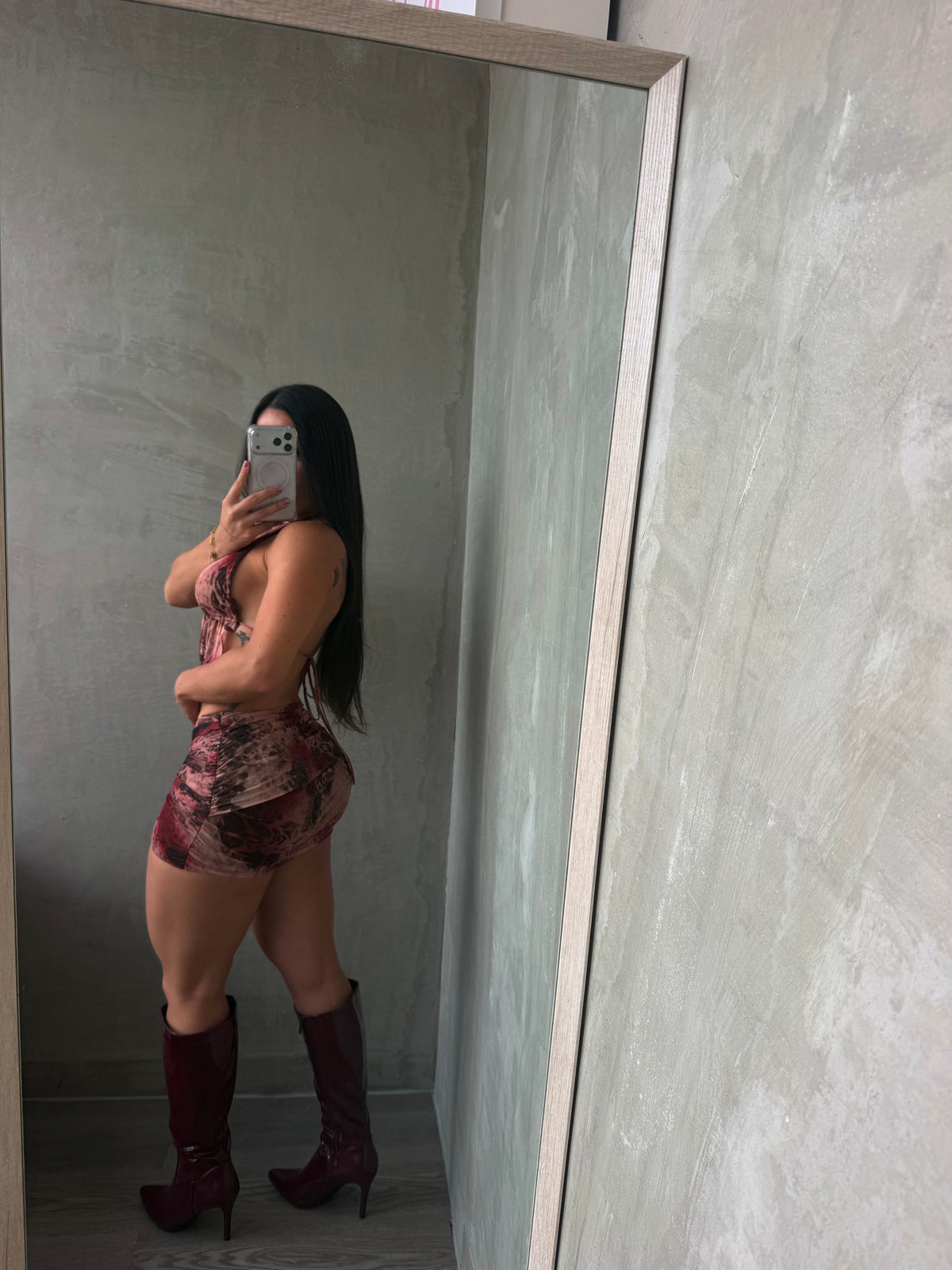 Burgundy Print Halter Top & Skirt Set