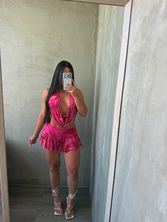 Bright Pink Halter Top & Skirt Set
