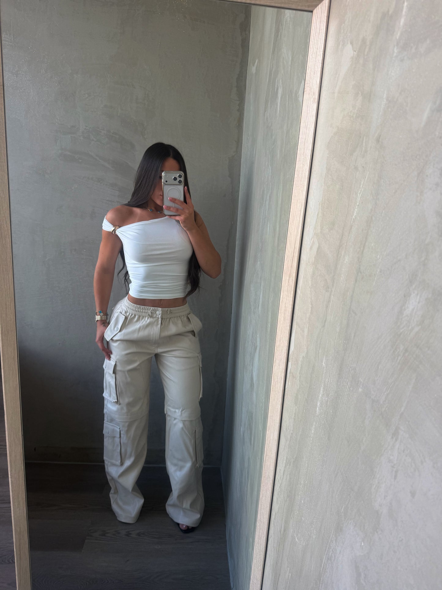 Cream Cargo Leather Pants