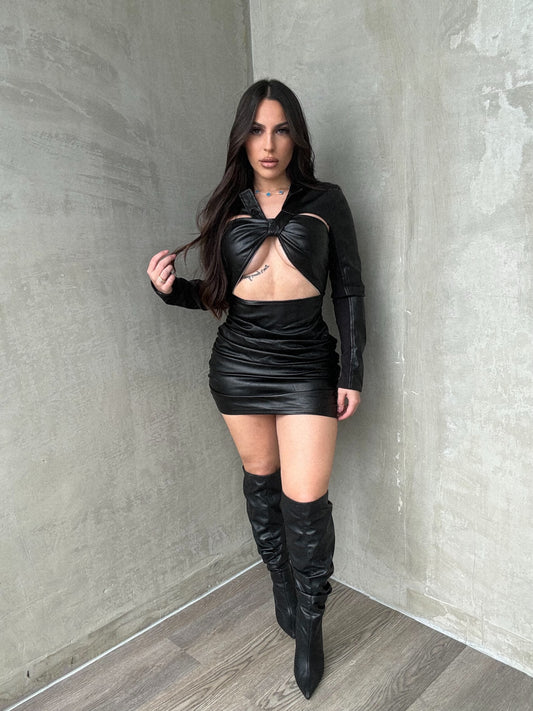 Black Leather Dress With Crop Jacket