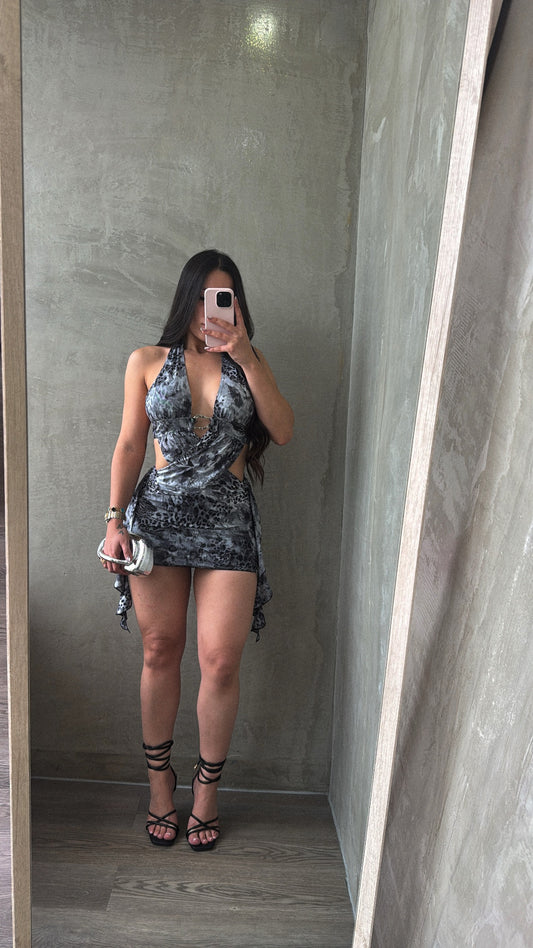 Black Animal Print Halter Dress