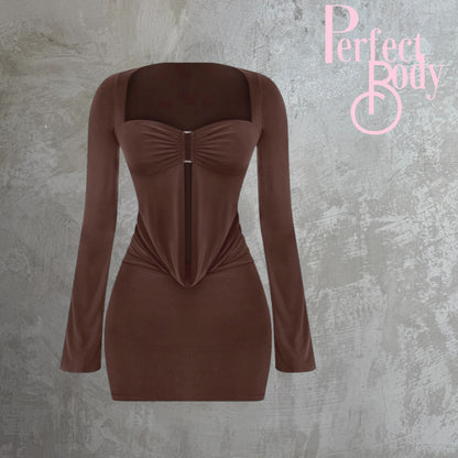Brown Long Sleeve Halter Dress
