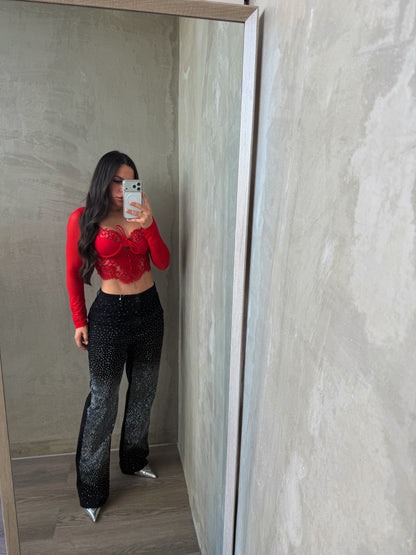 Red Lace Mesh Corset Top
