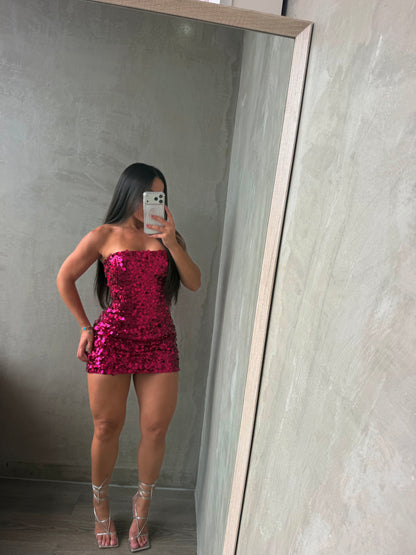 Magenta Sequin Strapless Dress
