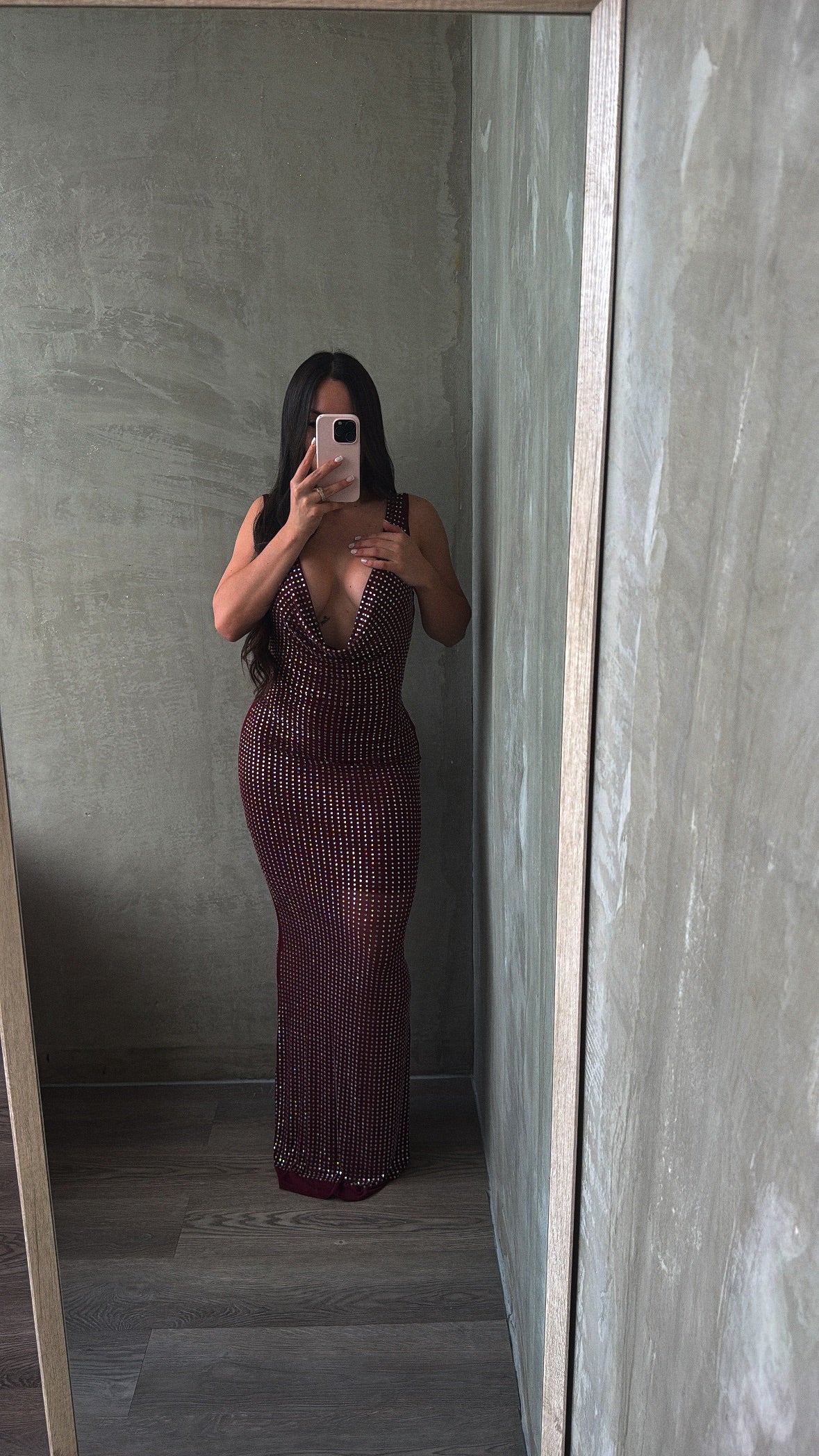 Burgundy Rhinestones Maxi Dress