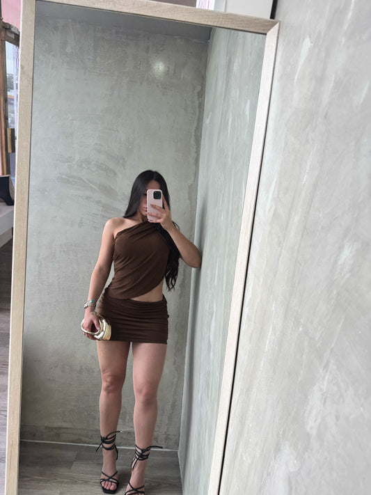 Brown Asymmetrical One Shoulder Dress