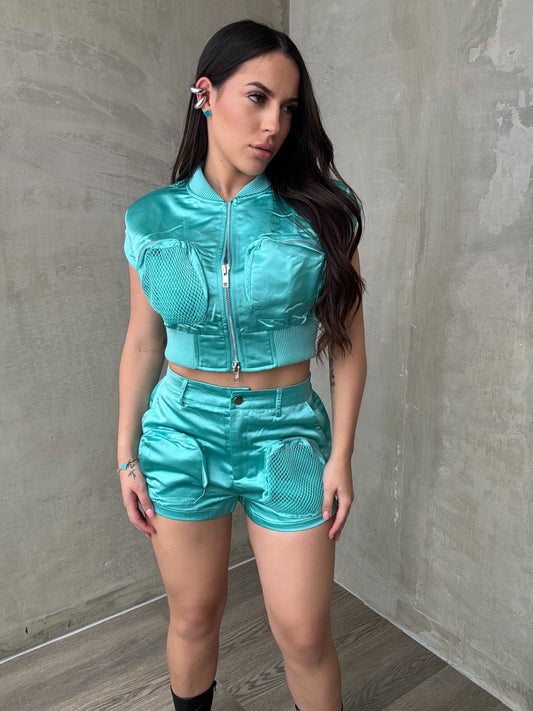 Mint Satin Shorts Set