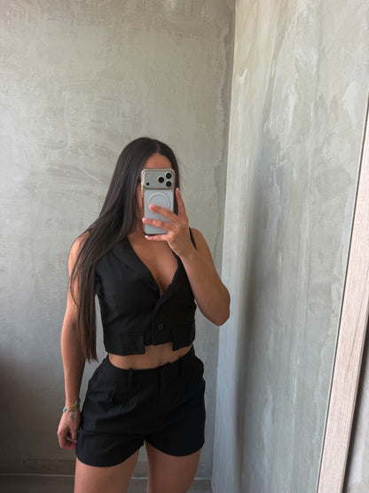Black Crop Top Vest & Shorts Set