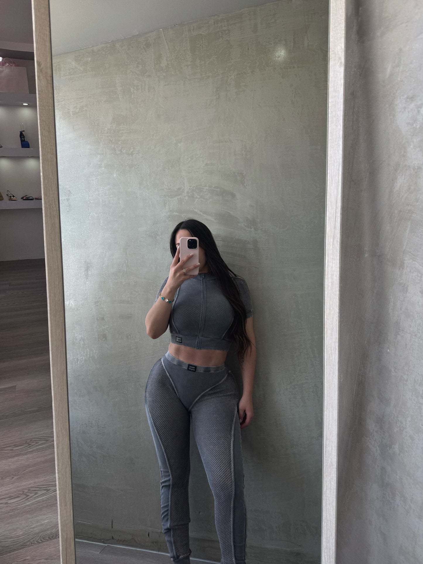 Cement Mineral Wash Fishnet Detail Leggings Set