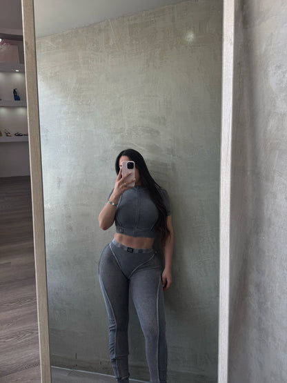 Cement Mineral Wash Fishnet Detail Leggings Set