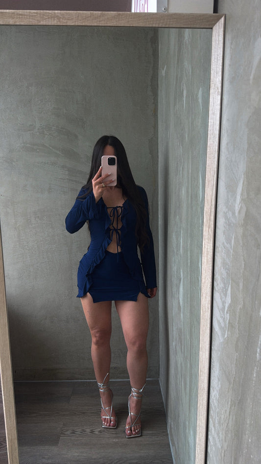 Navy Long Sleeve Ruffled Dress