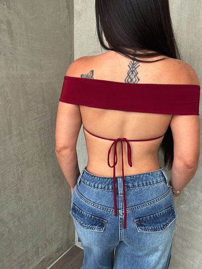 Burgundy Halter Top W. Gold Flower