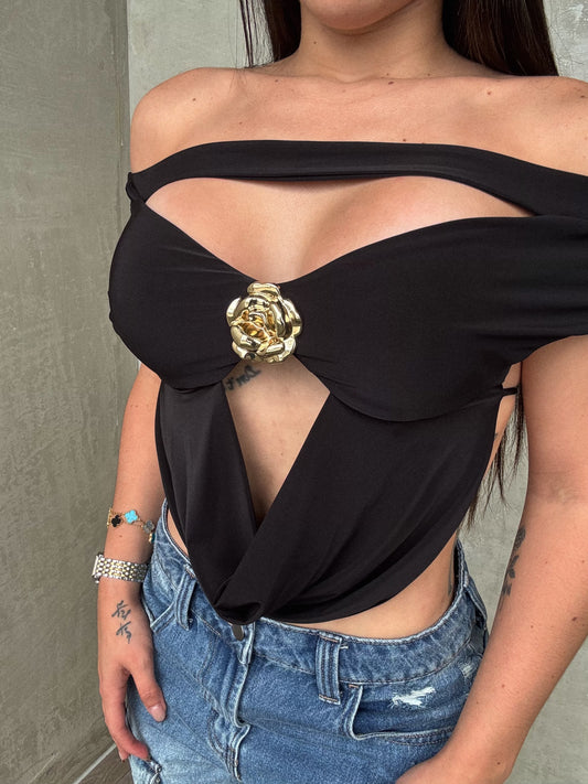 Black Halter Top W. Gold Flower