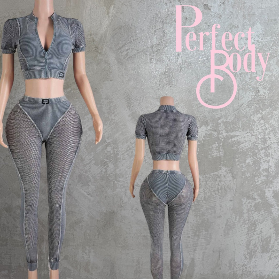 Cement Mineral Wash Fishnet Detail Leggings Set