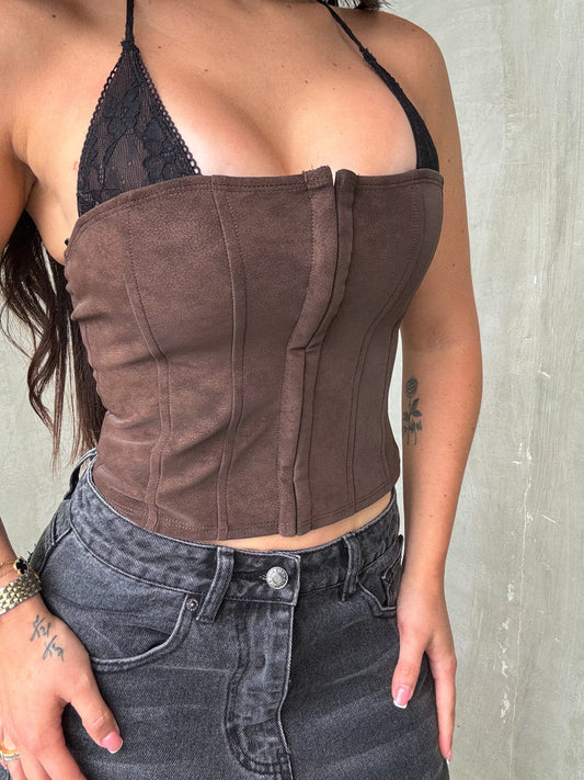 Chocolate Bustier With Black Lace Bra