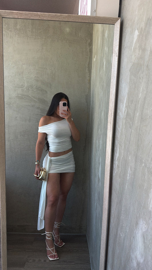 Off White Asymmetrical Skirt Set