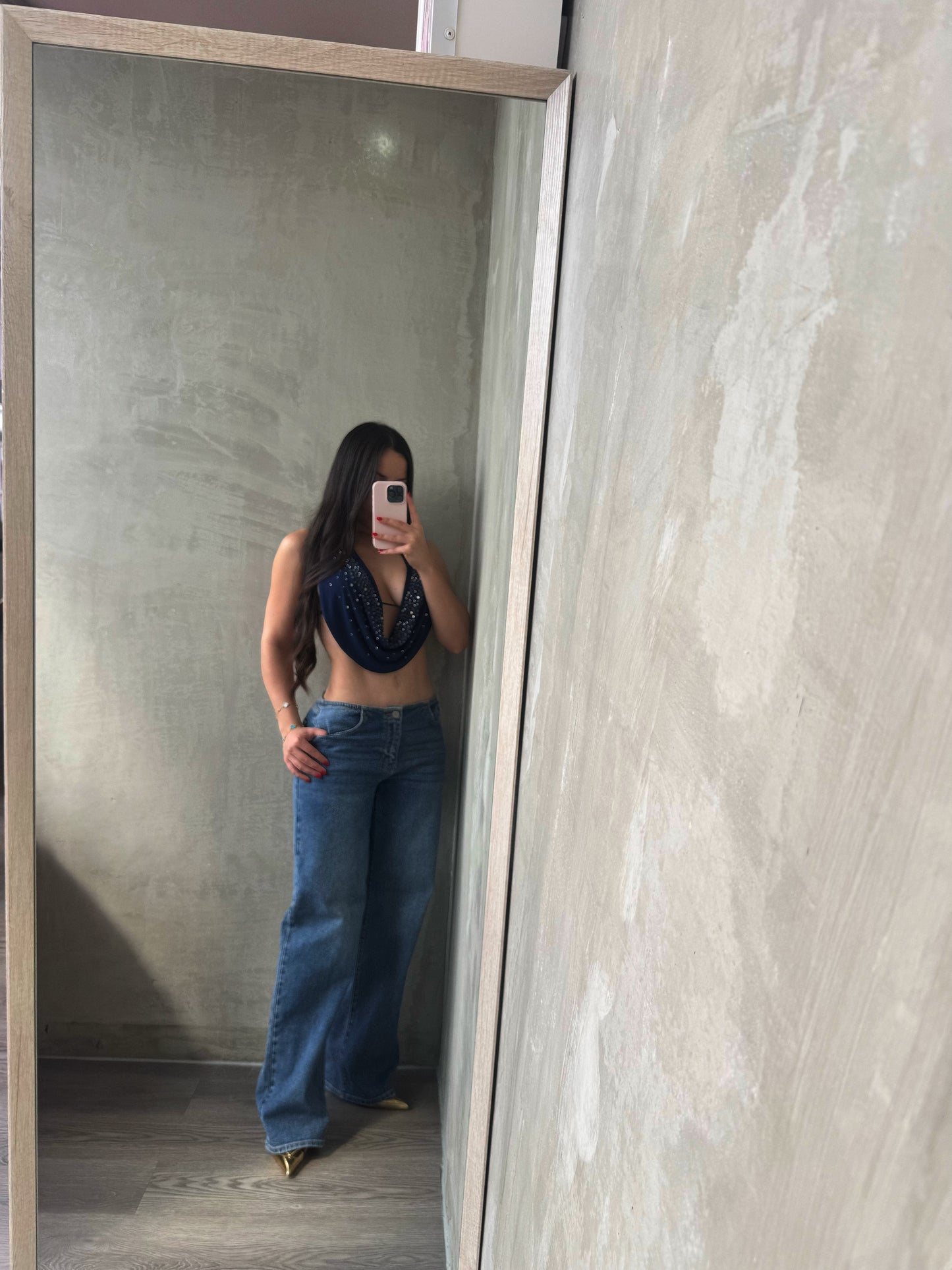 Navy Rhinestones Halter Top