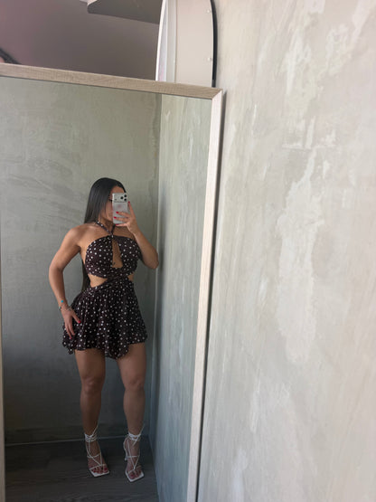 Brown Polka Dots Halter Dress