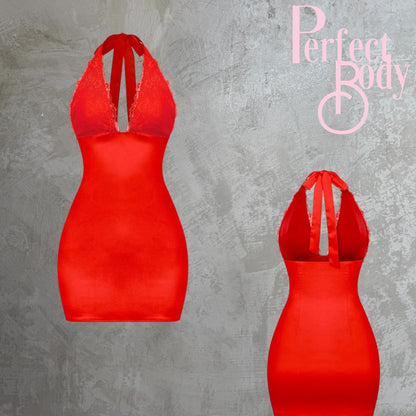 Red Lace Halter Satin Dress
