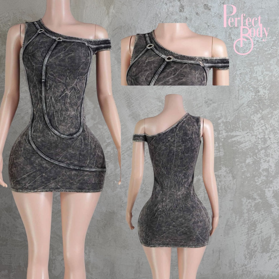 Acid Black Mineral Wash Asymmetrical Dress