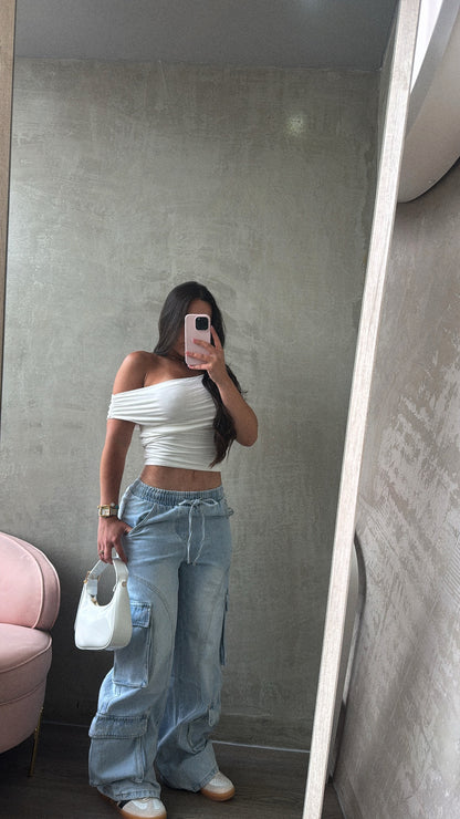 Light Blue Elastic Band Cargo Jeans