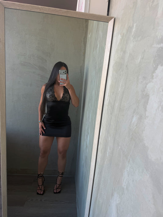 Black Lace Satin Dress