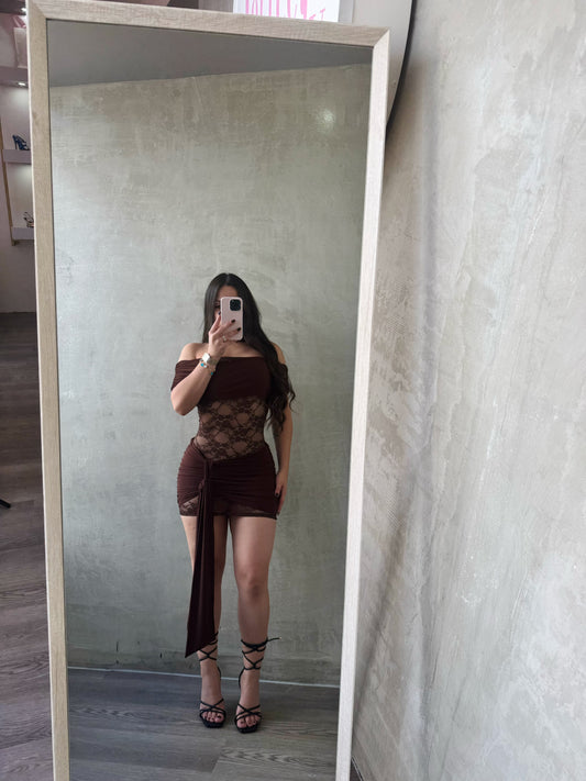 Brown Off Shoulder Lace Dress