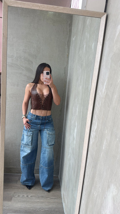 Brown Halter Leather Top