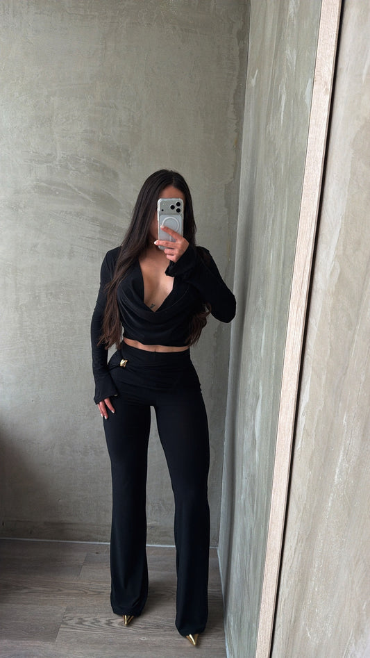 Black Long Sleeve Halter Top & Pants Set