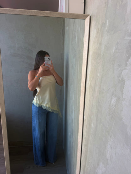 Butter Yellow Asymmetrical Satin Lace Top