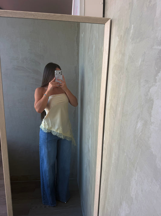Butter Yellow Asymmetrical Satin Lace Top