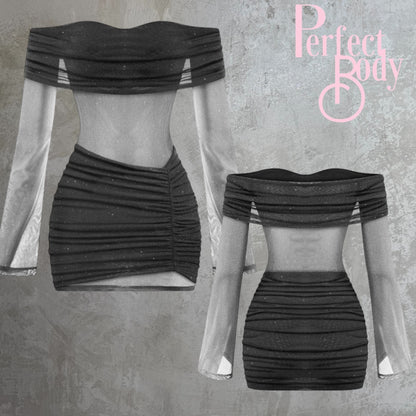 Black Glitter Off Shoulder Mesh Dress