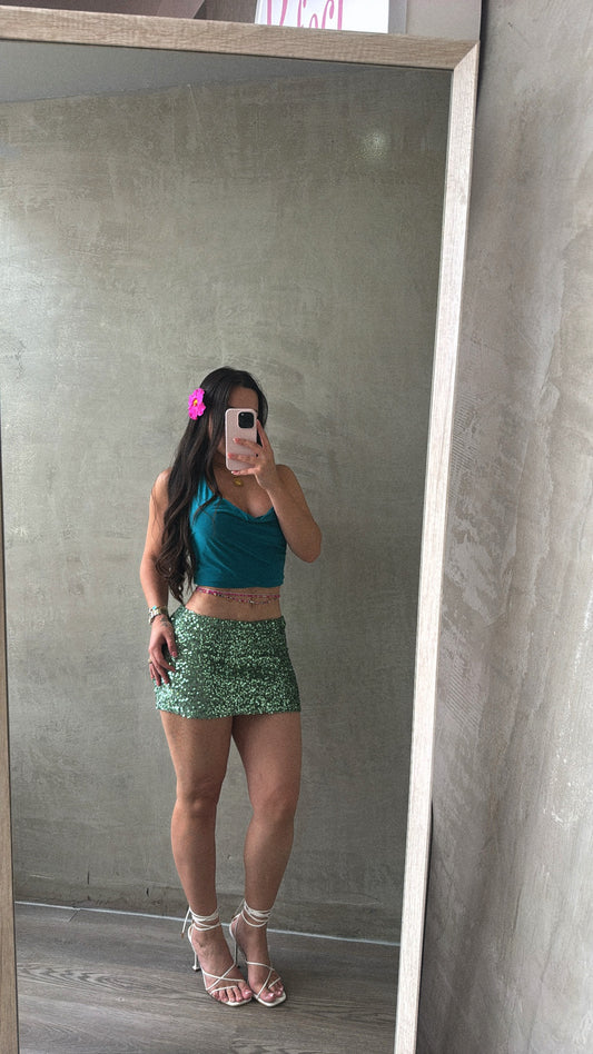 Green Sequin Mini Skirt