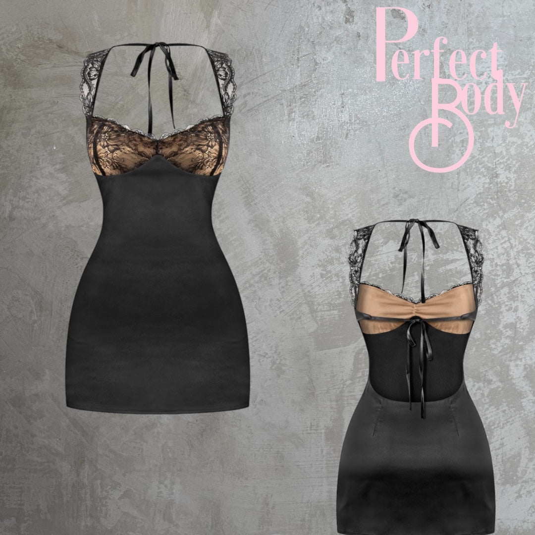 Black Lace Satin Dress
