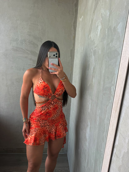 Orange Animal Print Halter Dress