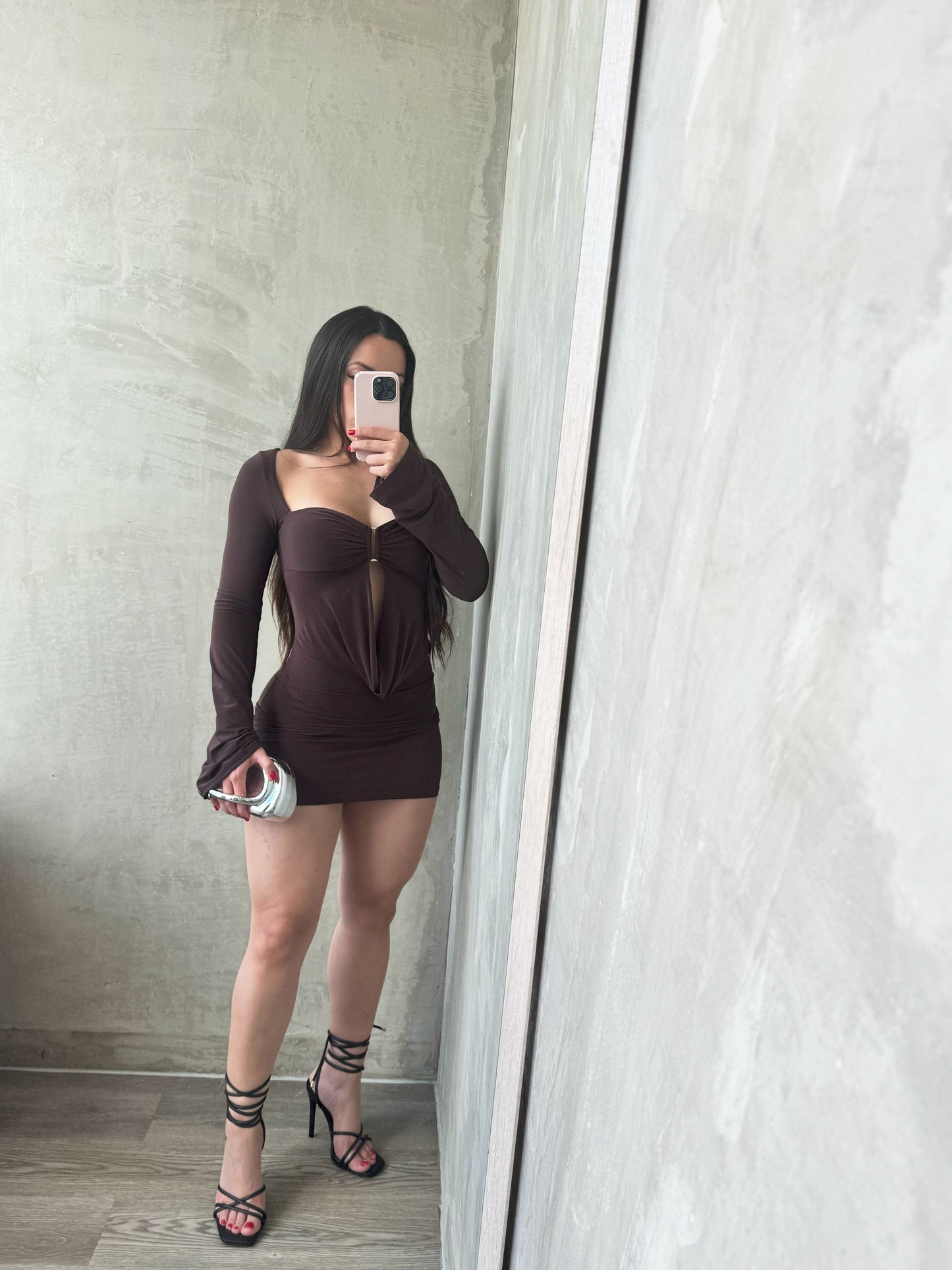 Brown Long Sleeve Halter Dress