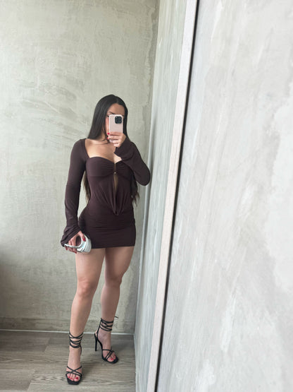 Brown Long Sleeve Halter Dress