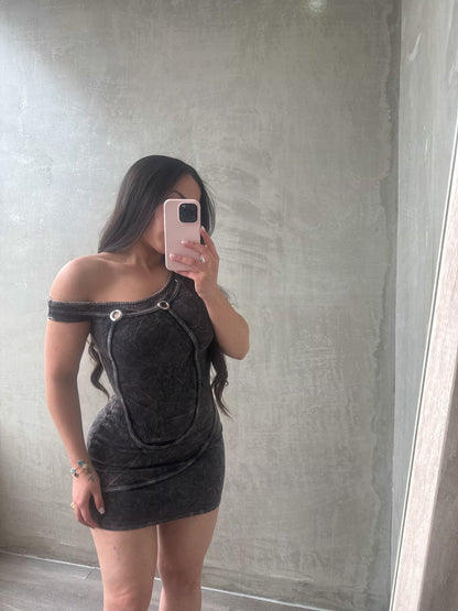 Acid Black Mineral Wash Asymmetrical Dress