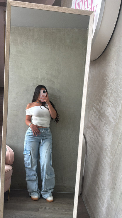 Light Blue Elastic Band Cargo Jeans
