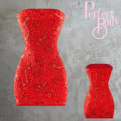 Red Strapless Embellished Dress